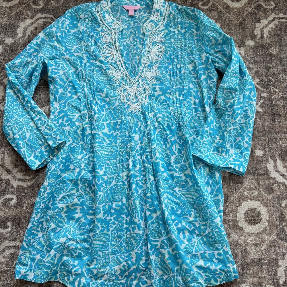 LILLY PULITZER Sarasota Tunic Beaded Shells Blouse Aqua Blue White Size Small